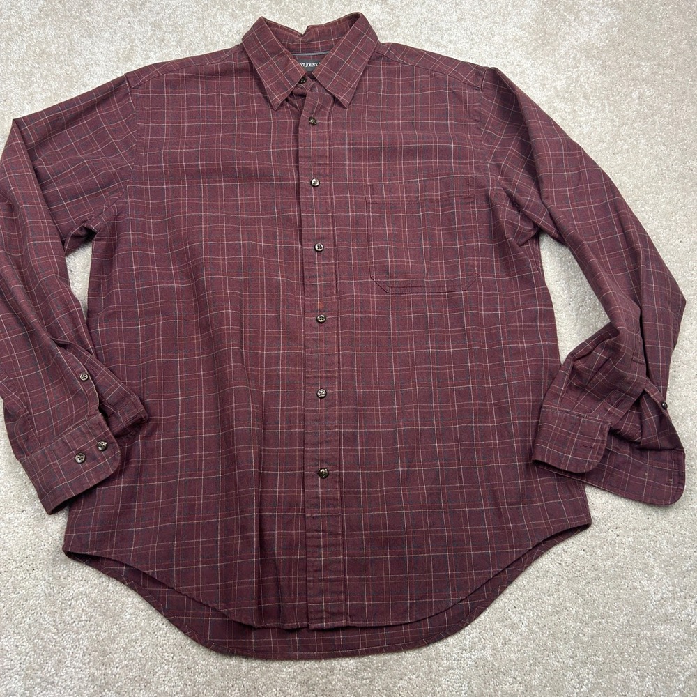 St John's Bay Men's Shirt M Burgundy Plaid Long Sleeve Button Down Casual